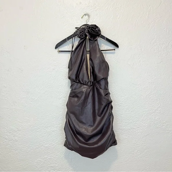 House of CB Dress Brown Vegan Faux Leather Mini Bodycon Medium M Olivia House of CB Dress Brown Vegan Faux Leather Mini Bodycon Medium M Olivia